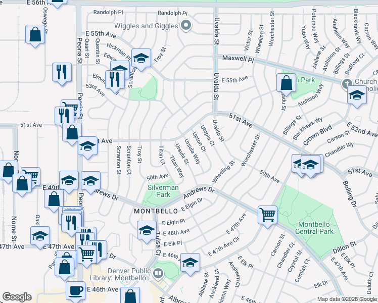 map of restaurants, bars, coffee shops, grocery stores, and more near 5075 Ursula Way in Denver