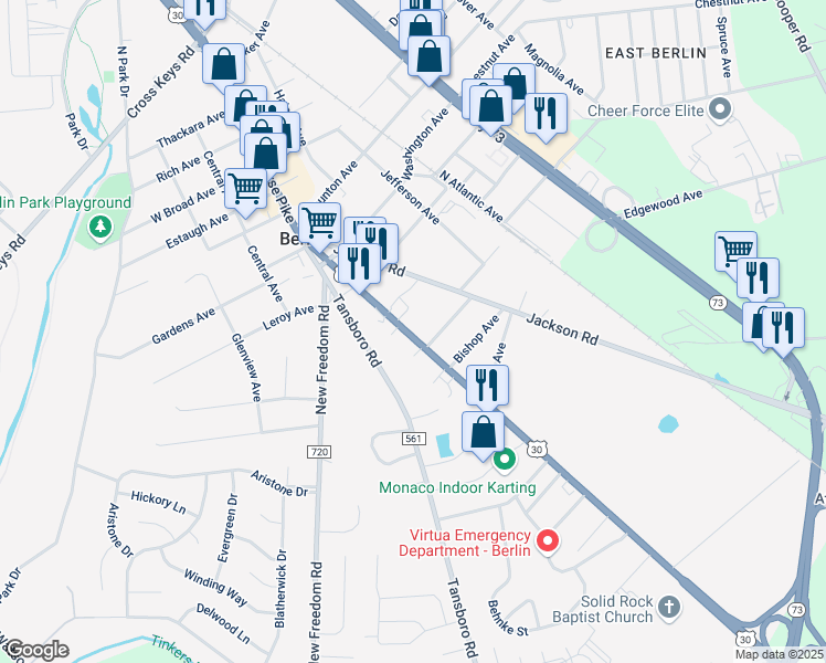 map of restaurants, bars, coffee shops, grocery stores, and more near 251 3 South White Horse Pike in Berlin