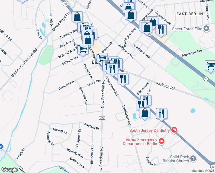 map of restaurants, bars, coffee shops, grocery stores, and more near 40 Tansboro Road in Berlin