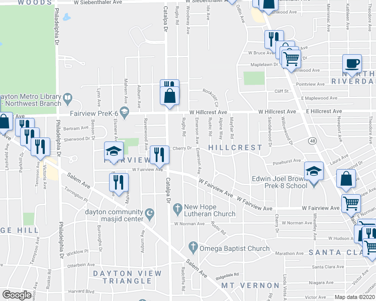 map of restaurants, bars, coffee shops, grocery stores, and more near 2305 Emerson Avenue in Dayton