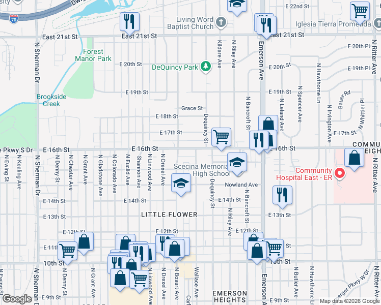 map of restaurants, bars, coffee shops, grocery stores, and more near 4720 East 16th Street in Indianapolis