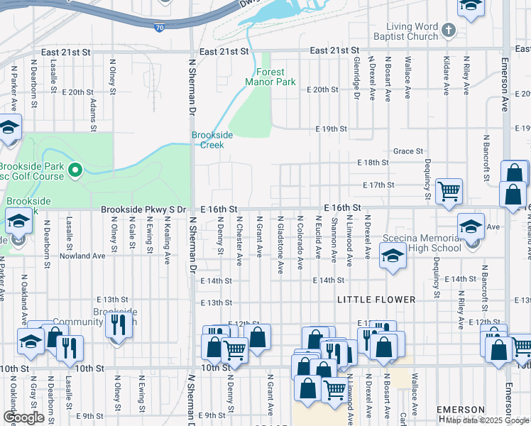 map of restaurants, bars, coffee shops, grocery stores, and more near 4068 East 16th Street in Indianapolis