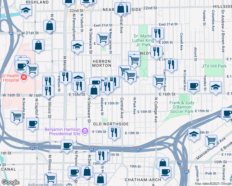map of restaurants, bars, coffee shops, grocery stores, and more near 1608 North New Jersey Street in Indianapolis