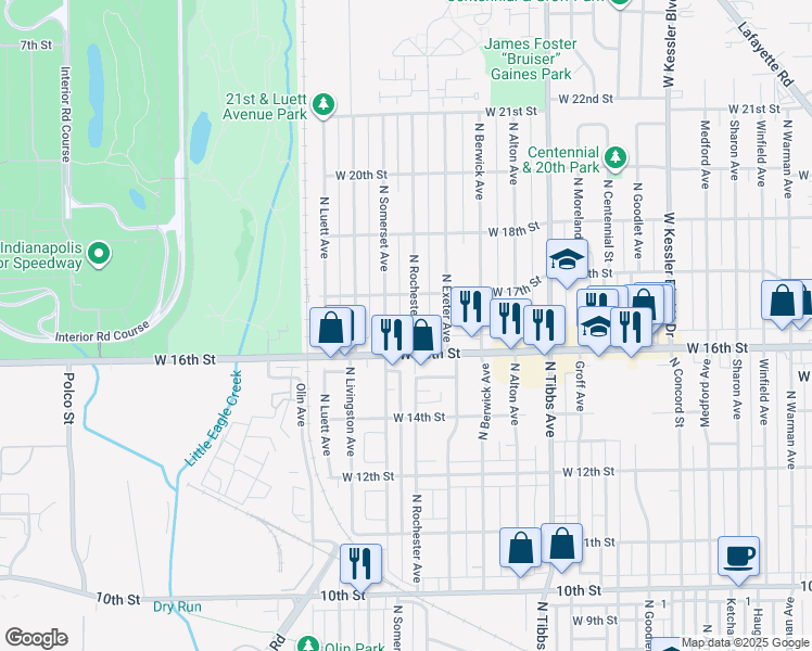 map of restaurants, bars, coffee shops, grocery stores, and more near 1640 North Rochester Avenue in Indianapolis