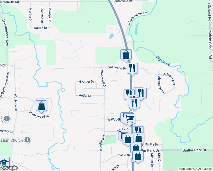 map of restaurants, bars, coffee shops, grocery stores, and more near 1543-1575 Woodland Drive in Mount Zion