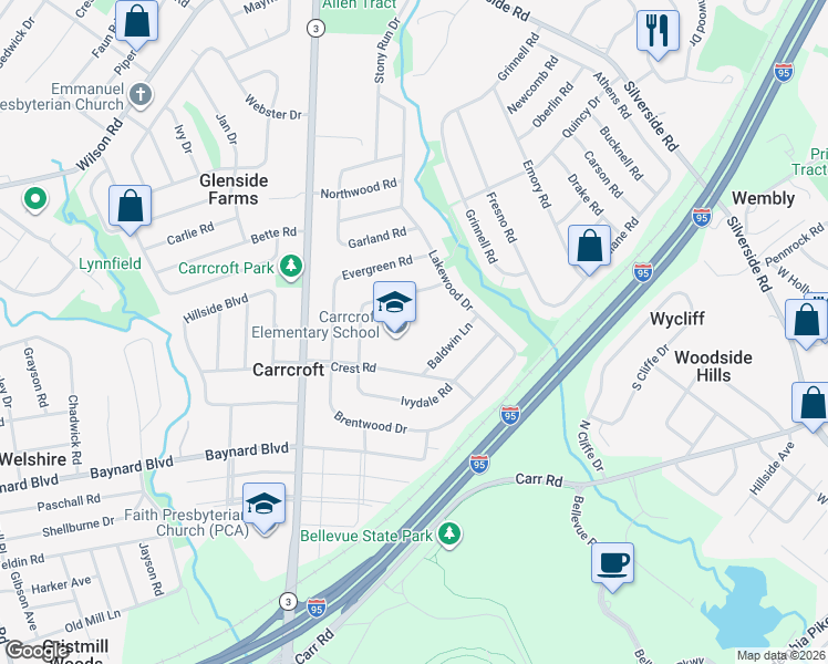 map of restaurants, bars, coffee shops, grocery stores, and more near 1223 Heather Lane in Wilmington