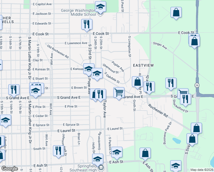 map of restaurants, bars, coffee shops, grocery stores, and more near 1250 Taylor Avenue in Springfield