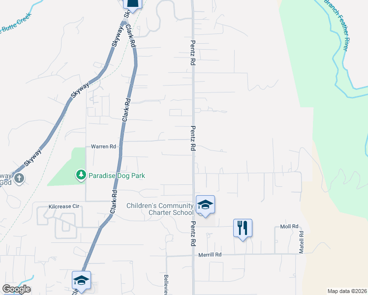 map of restaurants, bars, coffee shops, grocery stores, and more near 6985 Pentz Road in Paradise