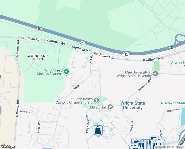 map of restaurants, bars, coffee shops, grocery stores, and more near 2050 Village Drive in Fairborn