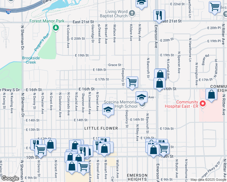 map of restaurants, bars, coffee shops, grocery stores, and more near 4720 East 16th Street in Indianapolis