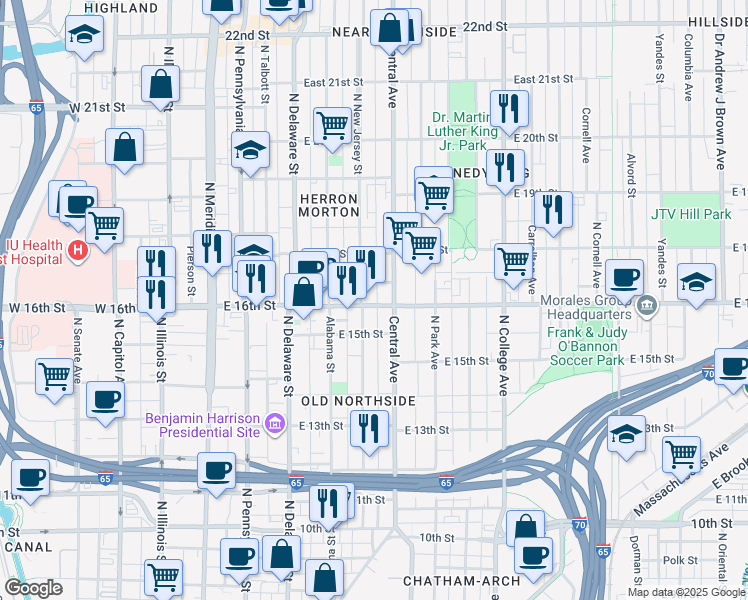 map of restaurants, bars, coffee shops, grocery stores, and more near 1608 North New Jersey Street in Indianapolis