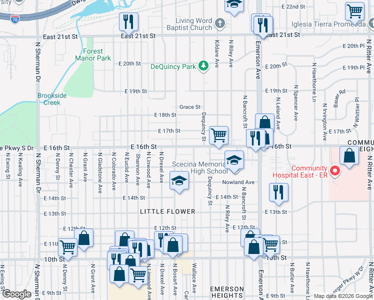 map of restaurants, bars, coffee shops, grocery stores, and more near 4720 East 16th Street in Indianapolis