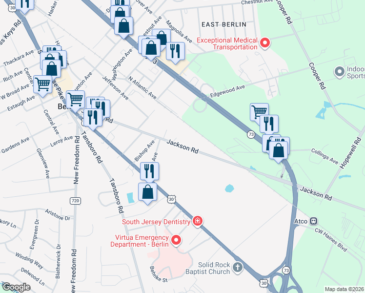 map of restaurants, bars, coffee shops, grocery stores, and more near 113 Jackson Road in Berlin