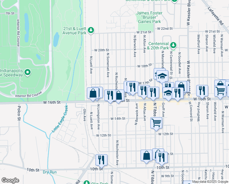 map of restaurants, bars, coffee shops, grocery stores, and more near 1640 North Rochester Avenue in Indianapolis