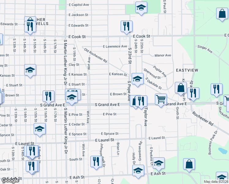map of restaurants, bars, coffee shops, grocery stores, and more near 2217 East Brown Street in Springfield