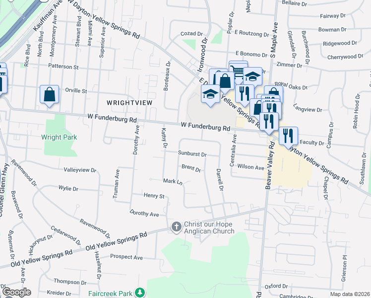 map of restaurants, bars, coffee shops, grocery stores, and more near 82 Joyce Drive in Fairborn