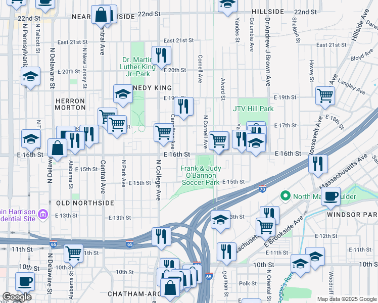 map of restaurants, bars, coffee shops, grocery stores, and more near 1601 Bellefontaine Street in Indianapolis
