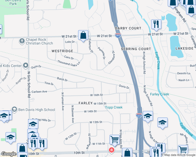 map of restaurants, bars, coffee shops, grocery stores, and more near 6654 Doris Drive in Indianapolis