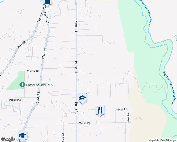 map of restaurants, bars, coffee shops, grocery stores, and more near 1819 Apple View Way in Paradise