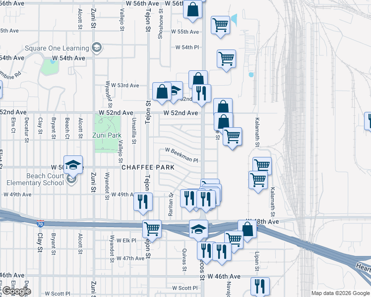 map of restaurants, bars, coffee shops, grocery stores, and more near 1745 West 51st Avenue in Denver