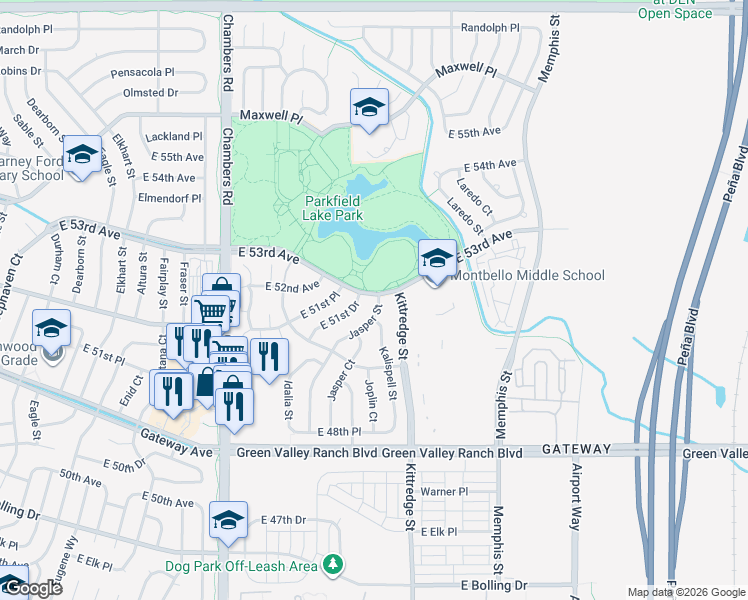 map of restaurants, bars, coffee shops, grocery stores, and more near 5241 Jasper Street in Denver