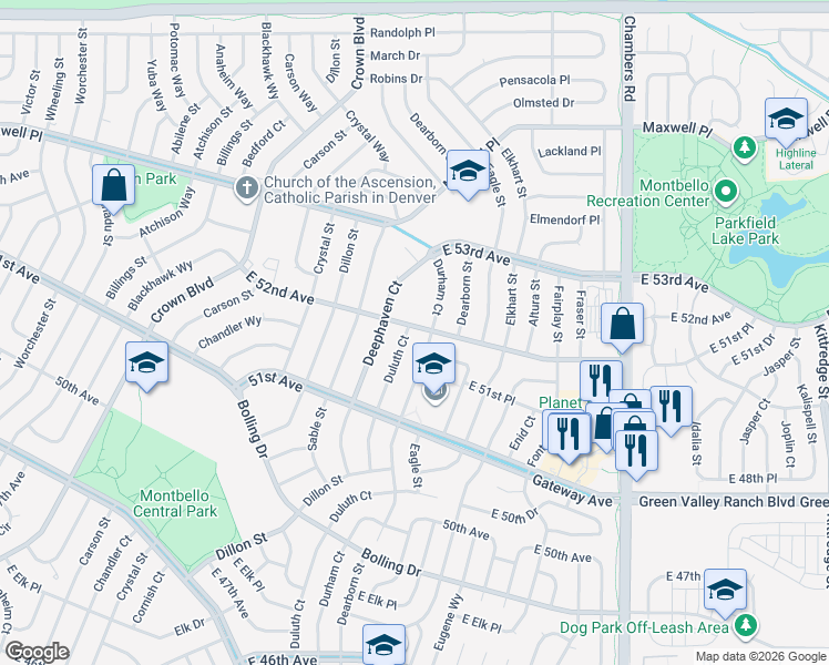 map of restaurants, bars, coffee shops, grocery stores, and more near 5191 Duluth Court in Denver