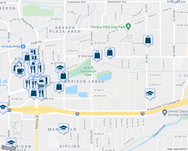 map of restaurants, bars, coffee shops, grocery stores, and more near 5099 Garrison Street in Wheat Ridge