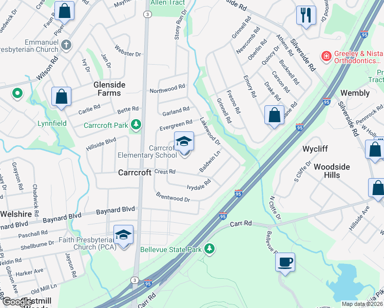 map of restaurants, bars, coffee shops, grocery stores, and more near 1223 Heather Lane in Wilmington