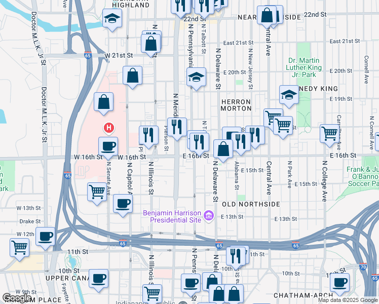 map of restaurants, bars, coffee shops, grocery stores, and more near 110 East 16th Street in Indianapolis