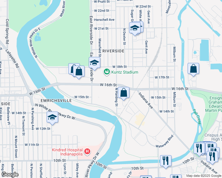map of restaurants, bars, coffee shops, grocery stores, and more near 1551 West 16th Street in Indianapolis