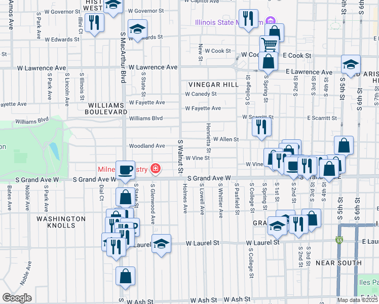 map of restaurants, bars, coffee shops, grocery stores, and more near 528 West Allen Street in Springfield