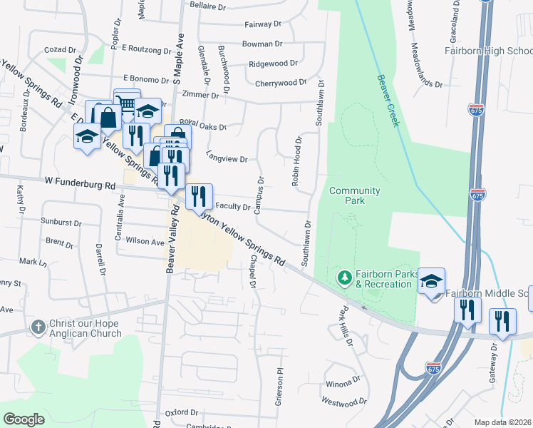 map of restaurants, bars, coffee shops, grocery stores, and more near 427 Faculty Drive in Fairborn