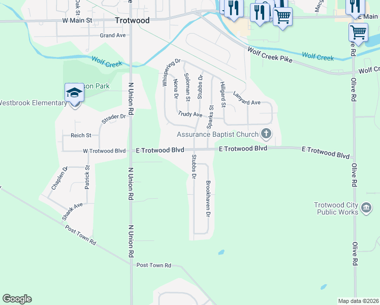 map of restaurants, bars, coffee shops, grocery stores, and more near in Trotwood