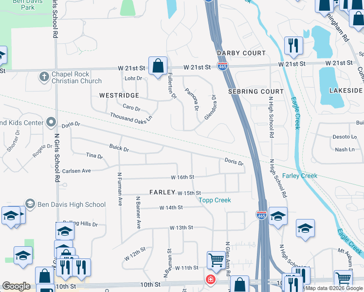 map of restaurants, bars, coffee shops, grocery stores, and more near 6654 Doris Drive in Indianapolis