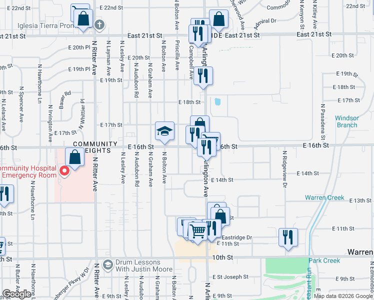 map of restaurants, bars, coffee shops, grocery stores, and more near 5925 East 16th Street in Indianapolis
