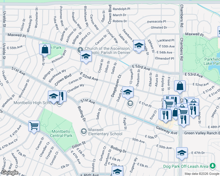 map of restaurants, bars, coffee shops, grocery stores, and more near 5174 Sable Street in Denver