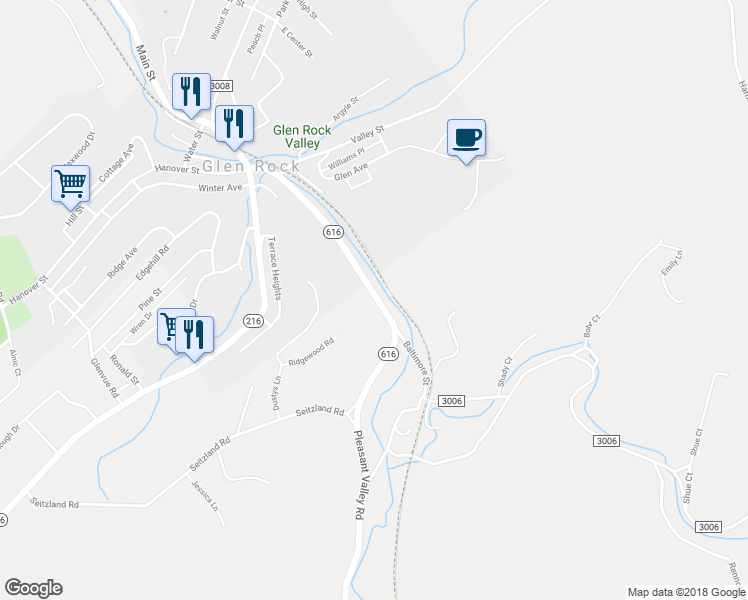 map of restaurants, bars, coffee shops, grocery stores, and more near 11790 Baltimore Street in Glen Rock
