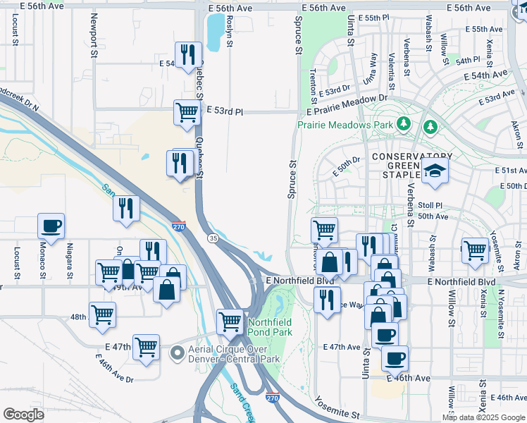 map of restaurants, bars, coffee shops, grocery stores, and more near in Denver