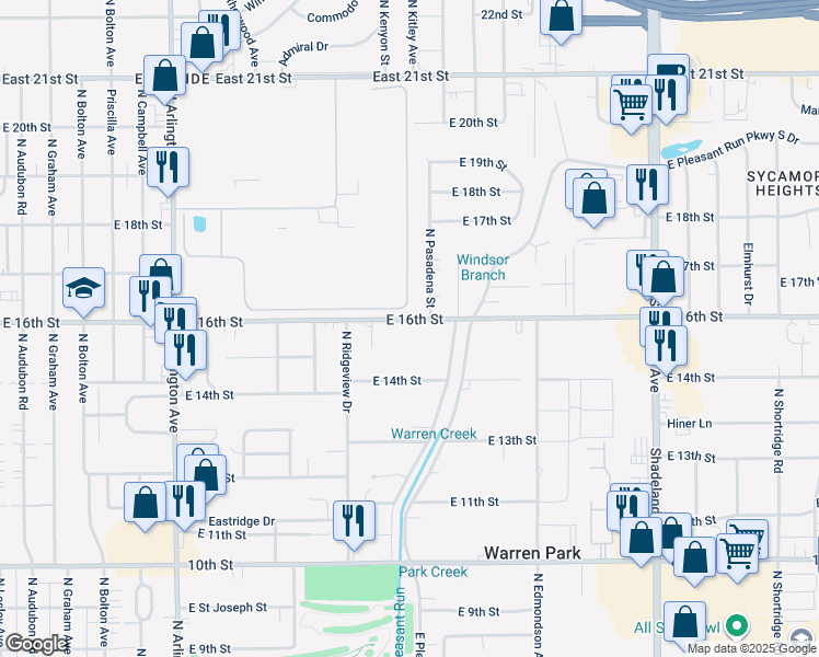 map of restaurants, bars, coffee shops, grocery stores, and more near 6445 East 16th Street in Indianapolis