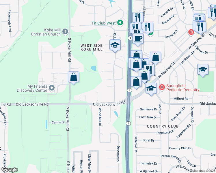 map of restaurants, bars, coffee shops, grocery stores, and more near 1007 Rickard Road in Springfield
