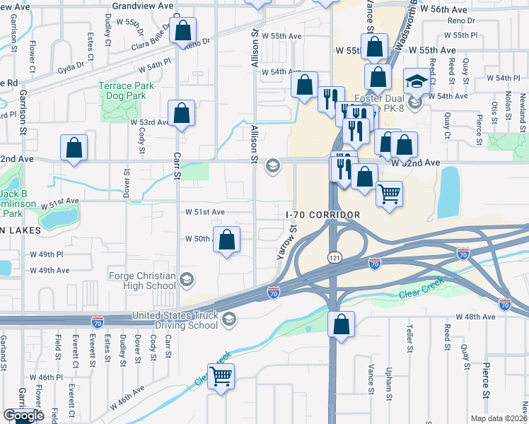 map of restaurants, bars, coffee shops, grocery stores, and more near 7975 West 51st Avenue in Arvada