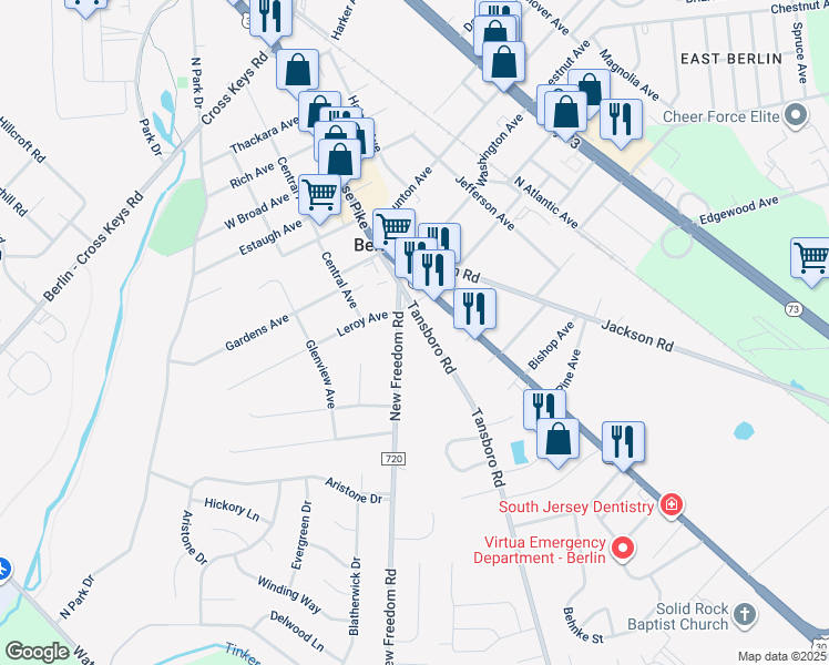map of restaurants, bars, coffee shops, grocery stores, and more near 40 Tansboro Road in Berlin