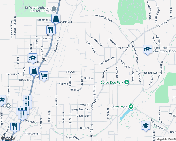 map of restaurants, bars, coffee shops, grocery stores, and more near 2804 North 18th Street in Saint Joseph