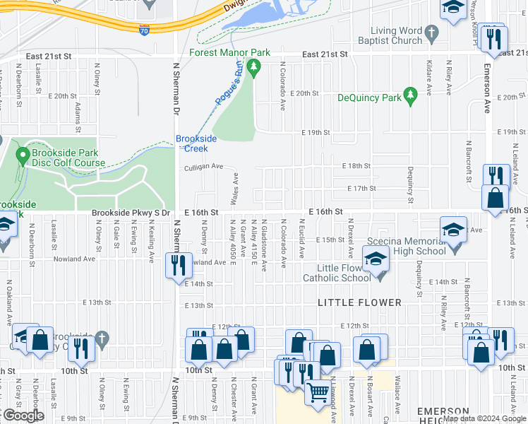 map of restaurants, bars, coffee shops, grocery stores, and more near E 16th St & N Gladstone Ave in Indianapolis