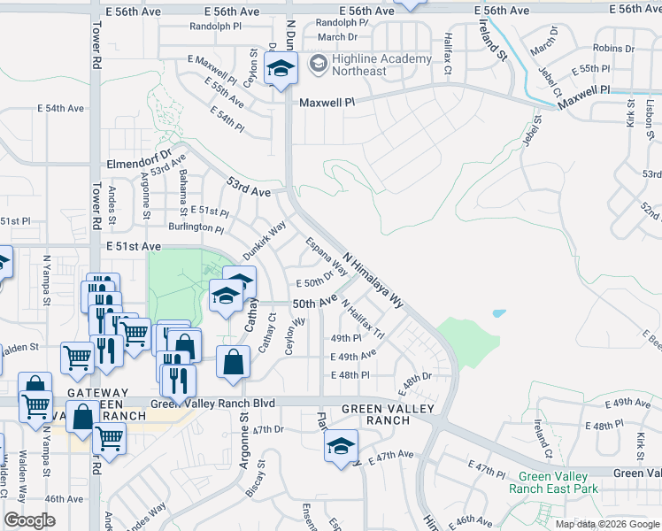 map of restaurants, bars, coffee shops, grocery stores, and more near 5022 Espana Way in Denver
