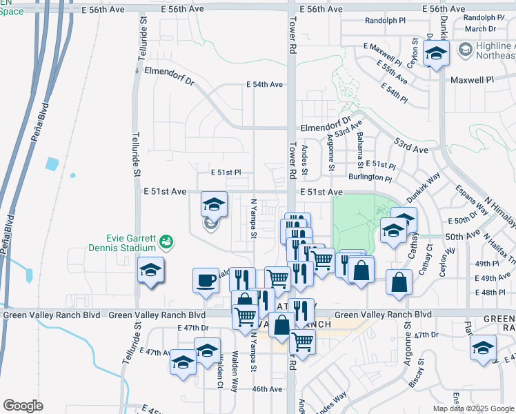 map of restaurants, bars, coffee shops, grocery stores, and more near in Denver