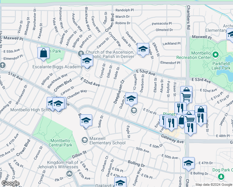 map of restaurants, bars, coffee shops, grocery stores, and more near 5194 Sable Street in Denver
