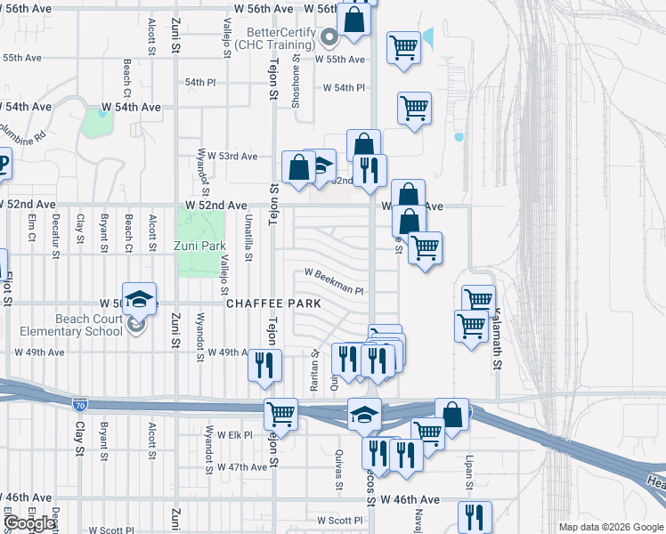 map of restaurants, bars, coffee shops, grocery stores, and more near 1830 West 51st Avenue in Denver