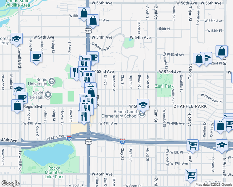 map of restaurants, bars, coffee shops, grocery stores, and more near 2750 West 51st Avenue in Denver