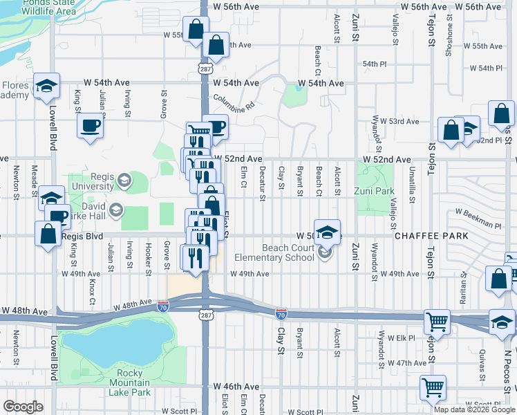 map of restaurants, bars, coffee shops, grocery stores, and more near 5080 Elm Court in Denver